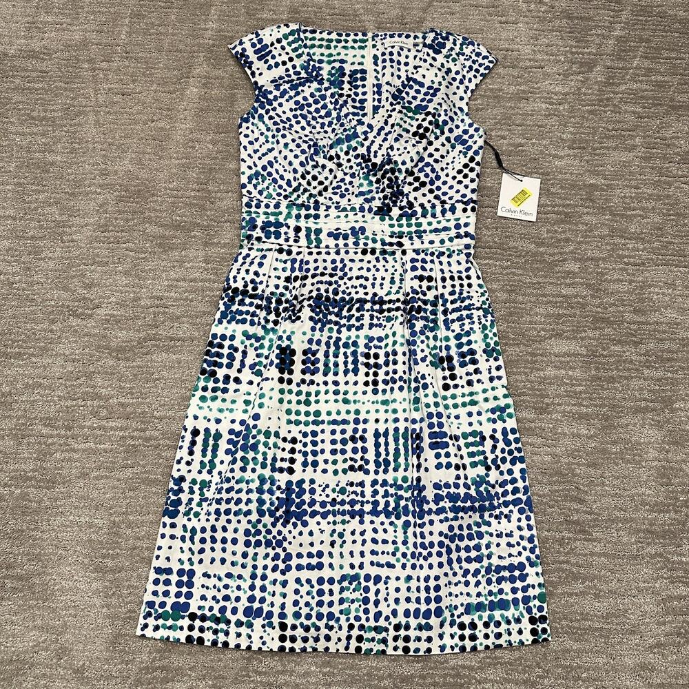 Calvin Klein Dress Womens 4 White Blue Dot Print Cap Sleeve Pockets Work Career